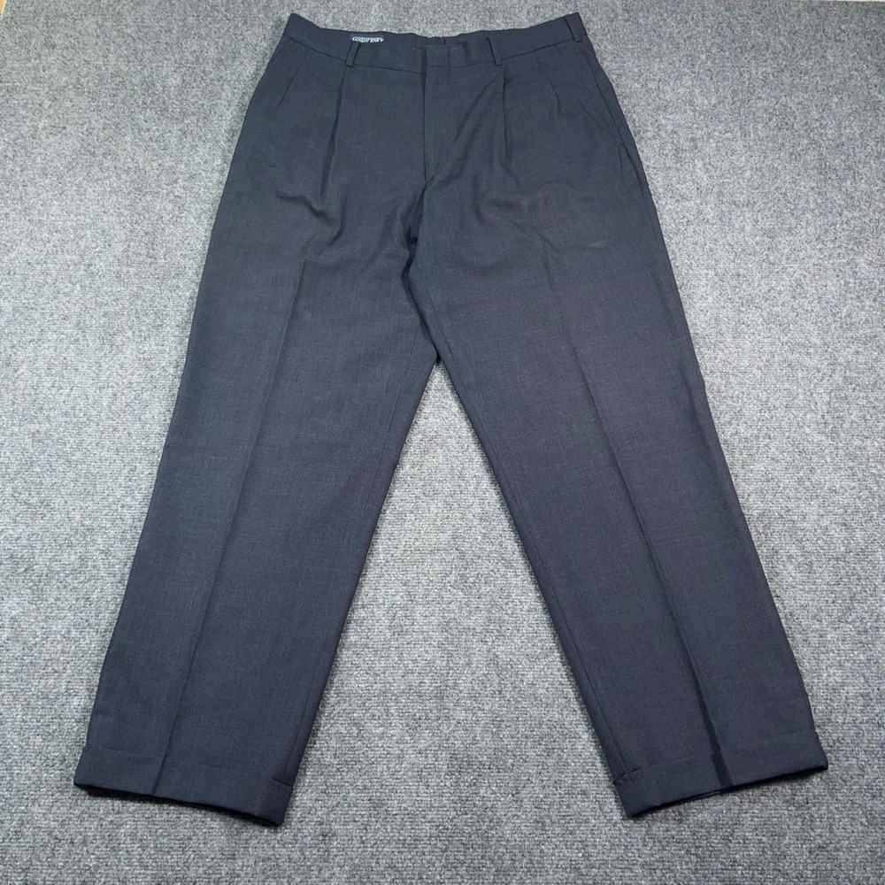 VTG Lands End Pleated Dress Pants Mens 36x30 Wool Cuffed Navy USA Made Old Money